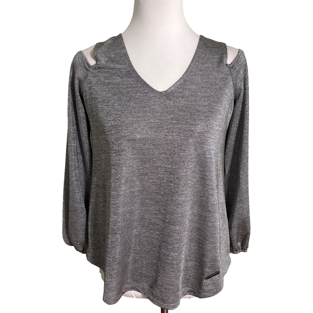 Jones New York Gray V Neck Cold Shoulder Shimmered Blouse